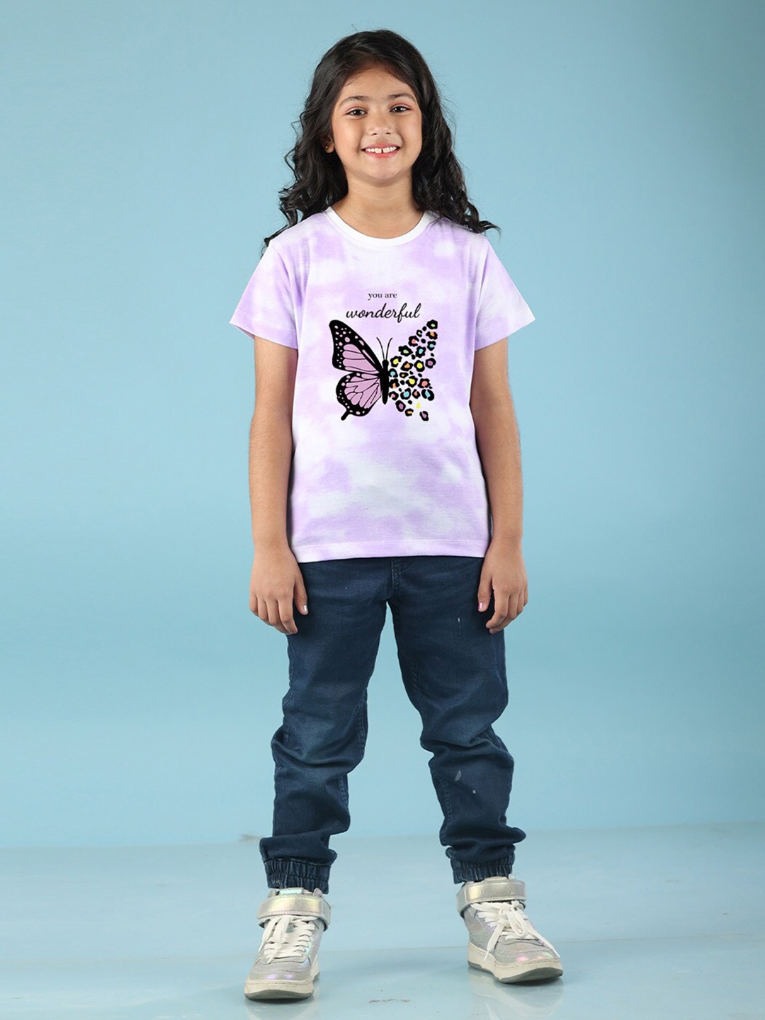 

NUSYL Girls Butterfly Printed High Neck Short sleeve Tie & Dye T-Shirt, Purple