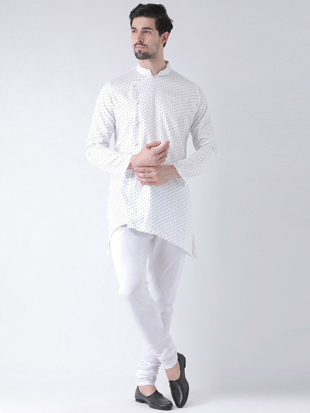 

DEYANN Band Collar Long Sleeves Ethnic Motifs Printed Regular Linen Kurta with Churidar, White