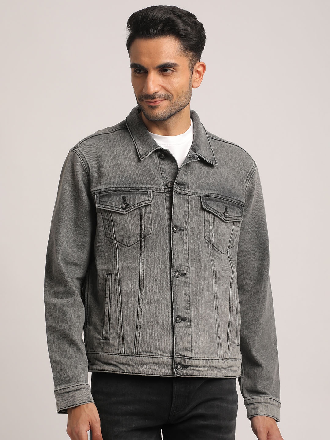 

EVERBLUE Men Classic Grey Cotton Stretch Denim Jacket