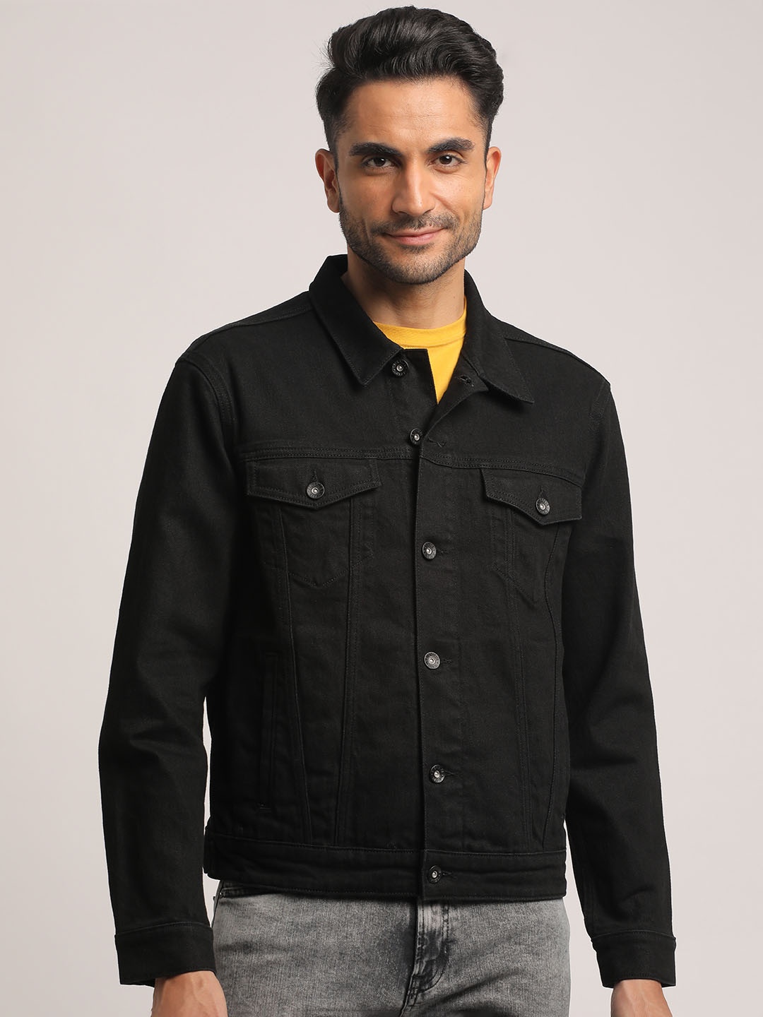 

EVERBLUE Men Classic Black Cotton Stretch Denim Jacket
