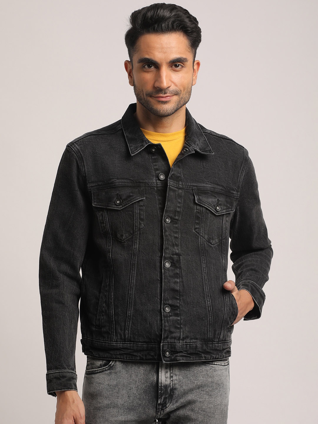 

EVERBLUE Men Classic Black Cotton Stretch Denim Jacket