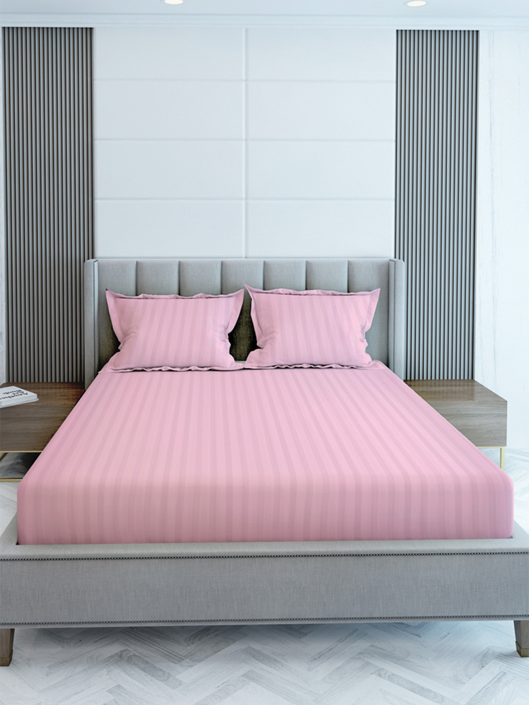 

LABHAM Pink Striped 210 TC Cotton King Flat Bedsheet with 2 Pillow Covers