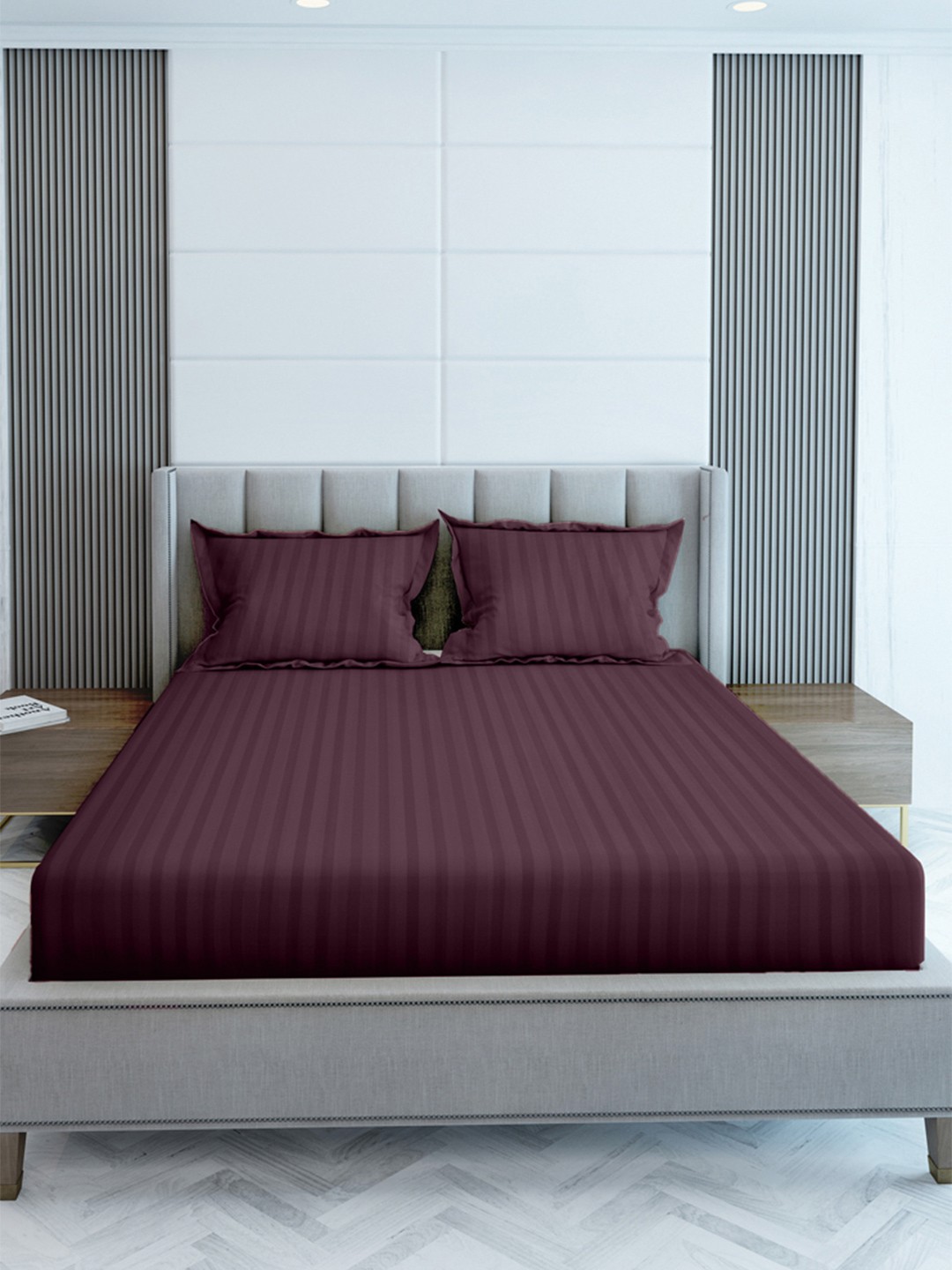 

LABHAM Purple Striped 210 TC Cotton King Flat Bedsheet with 2 Pillow Covers