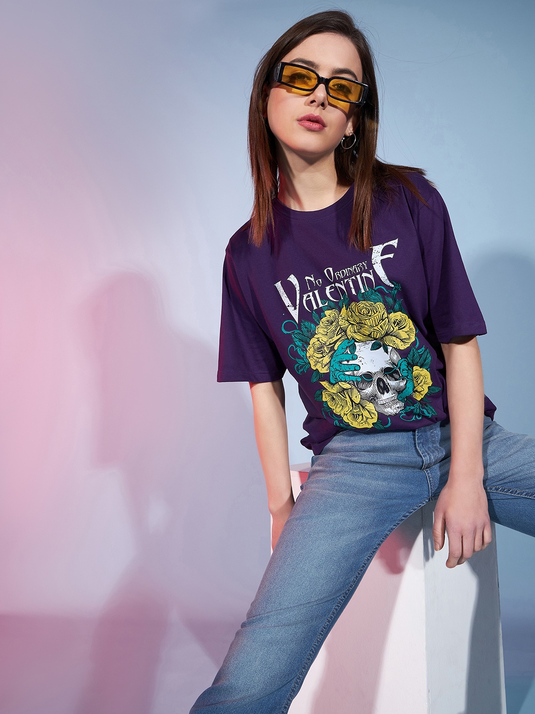 

DressBerry Purple Graphic Printed Drop-Shoulder Sleeves Pure Cotton Oversized T-shirt