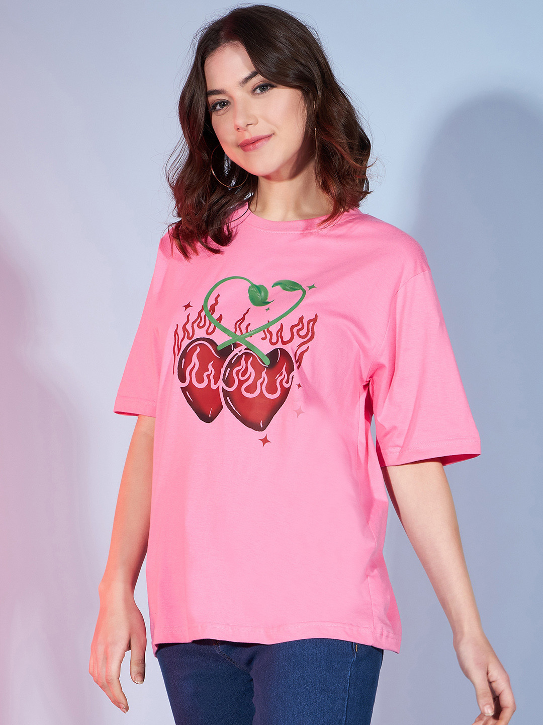 

DressBerry Pink Graphic Printed Drop-Shoulder Sleeves Pure Cotton Oversized T-shirt