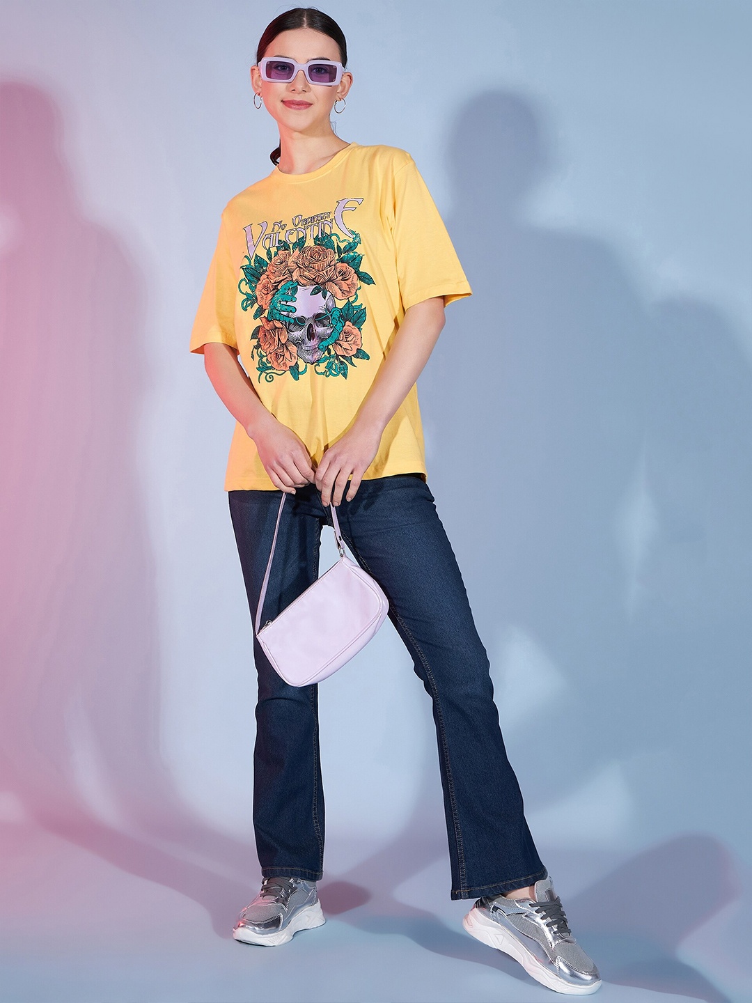 

DressBerry Yellow Floral Printed Cotton Round Neck Raw Edge T-shirt