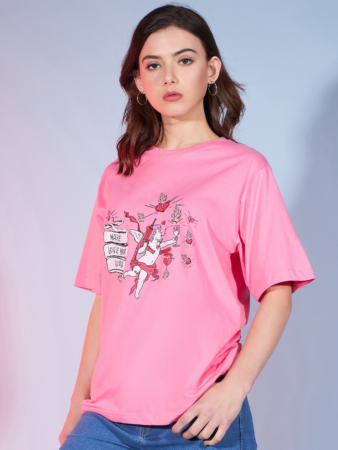 

DressBerry Pink Round Neck Cotton Oversized Raw Edge T-shirt