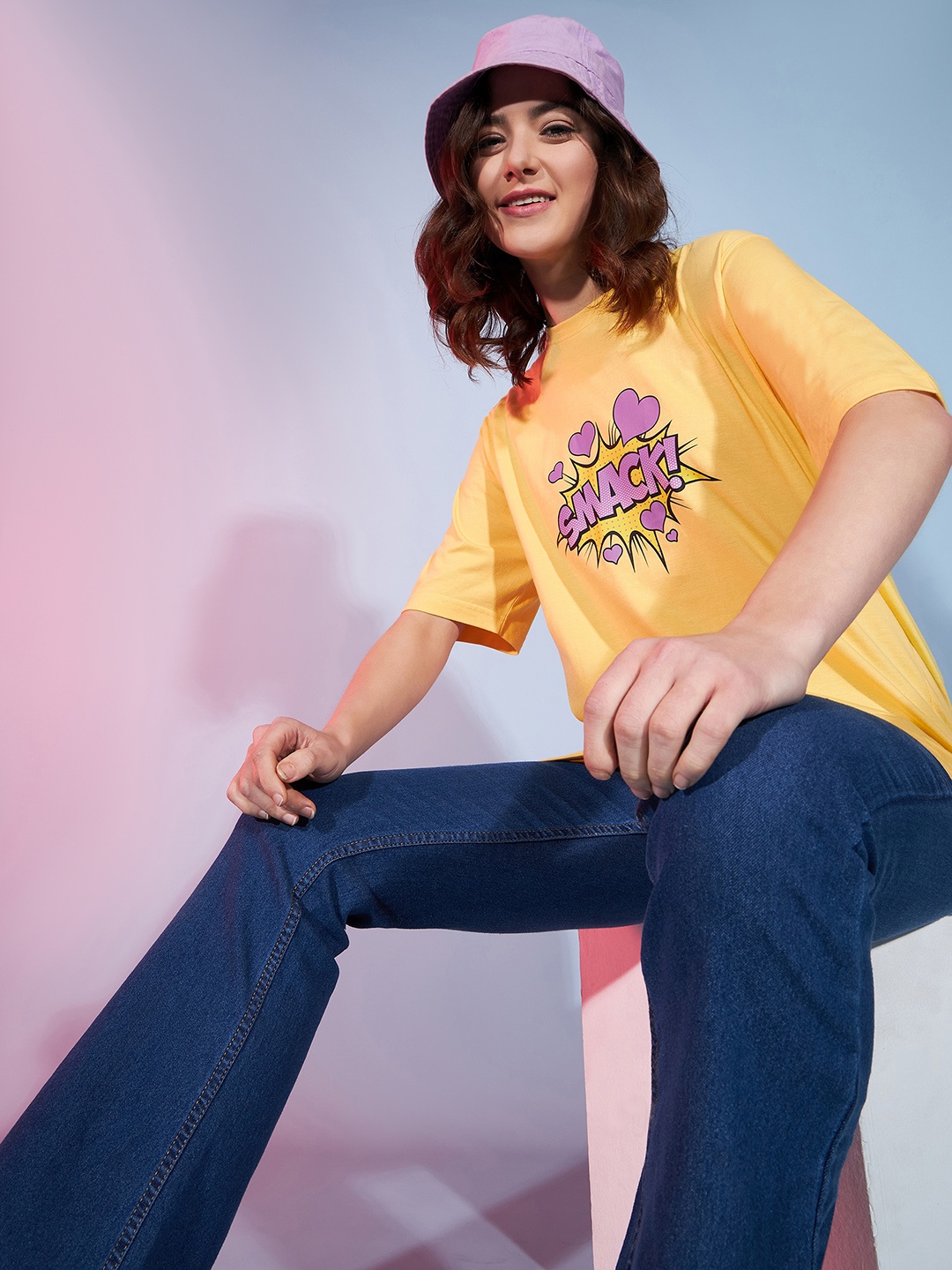 

DressBerry Yellow Graphic Printed Drop-Shoulder Sleeves Pure Cotton Oversized T-shirt