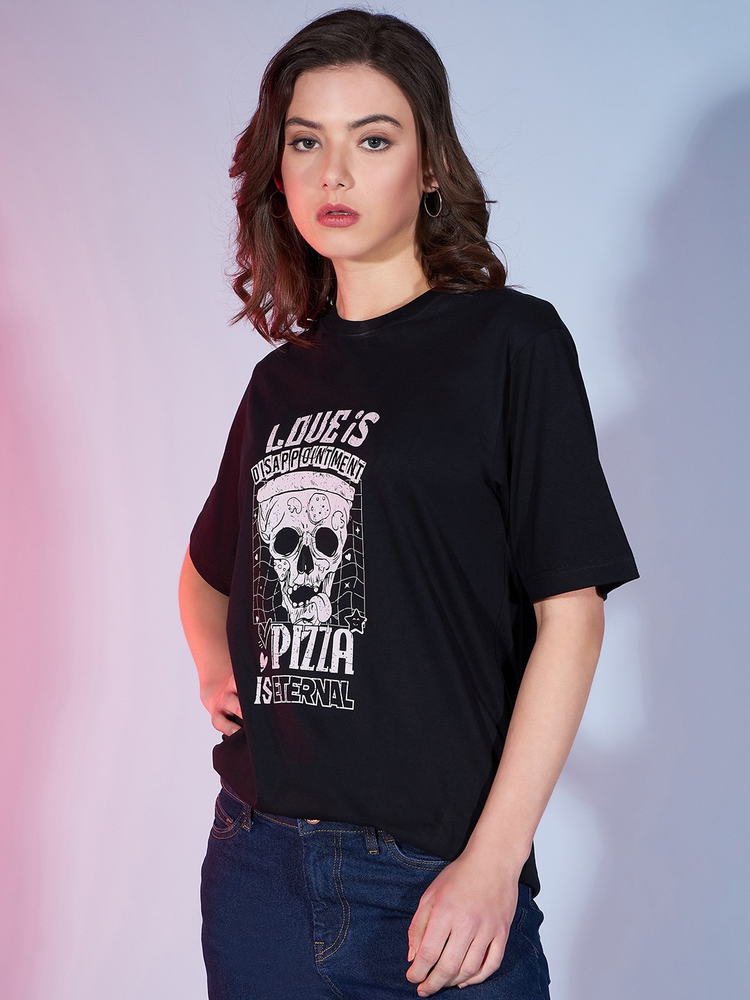 

DressBerry Black Graphic Printed Drop-Shoulder Sleeves Pure Cotton Oversized T-shirt