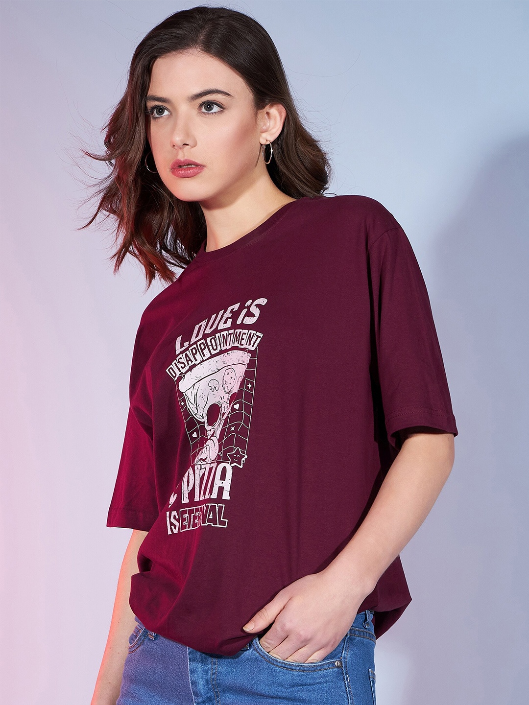 

DressBerry Maroon Round Neck Cotton Oversized Pockets T-shirt