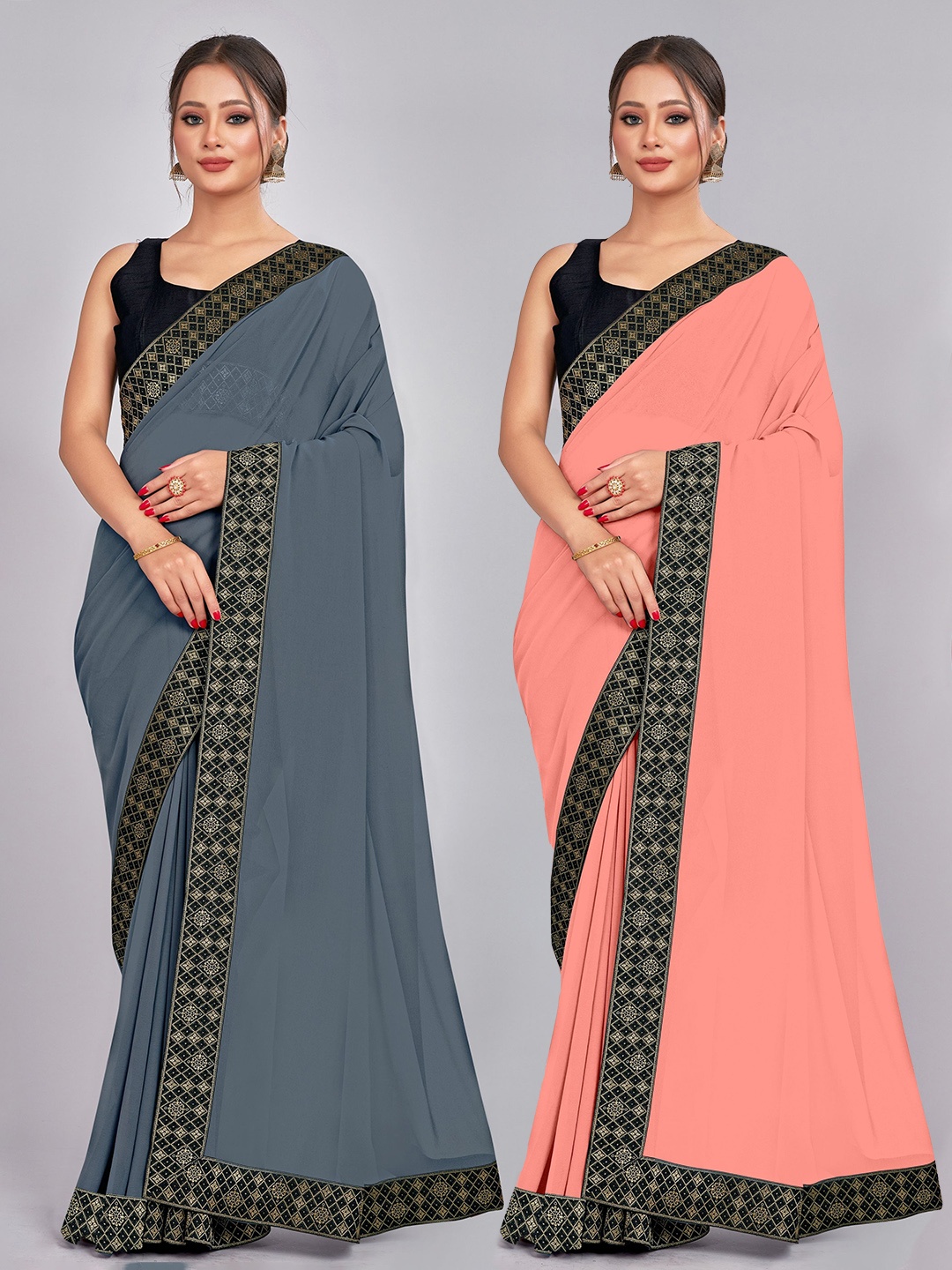 

CastilloFab Selection of 2 Zari Pure Georgette Saree, Grey