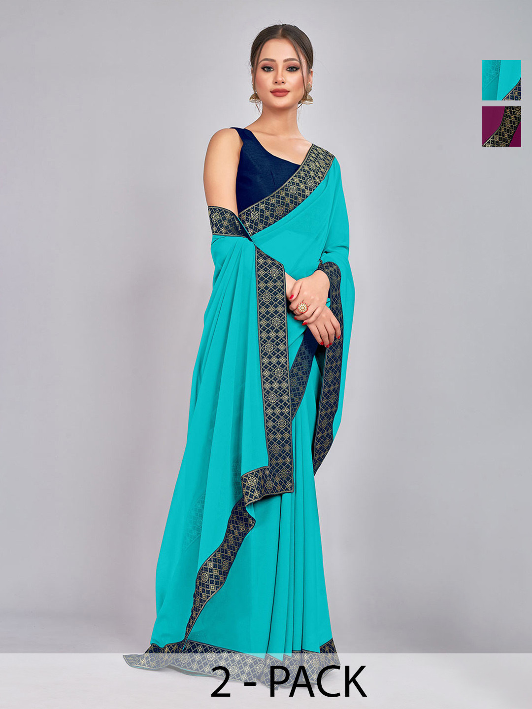 

CastilloFab Selection Of 2 Pure Georgette Sarees, Turquoise blue