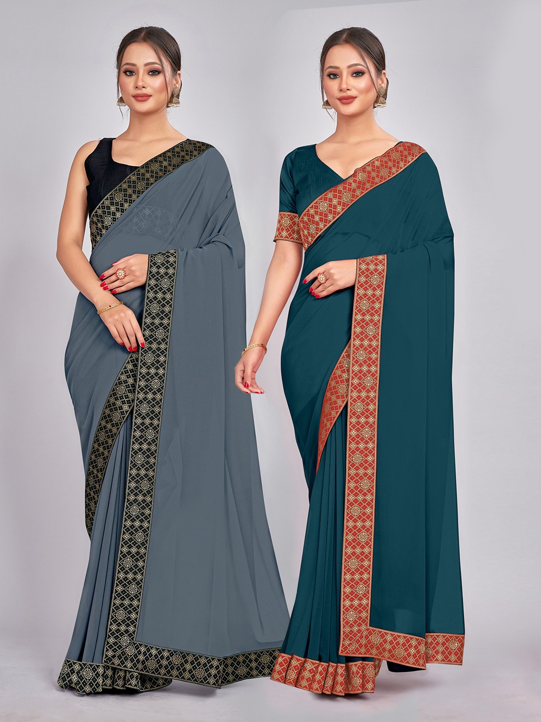 

CastilloFab Selection of 2 Zari Pure Georgette Saree, Grey