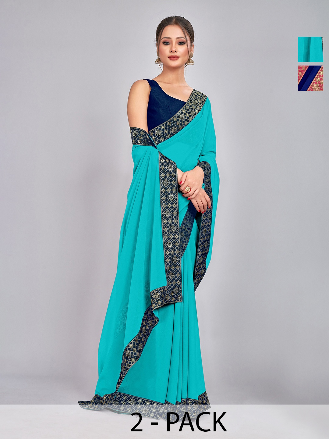 

CastilloFab Selection of 2 Pure Georgette Saree, Turquoise blue