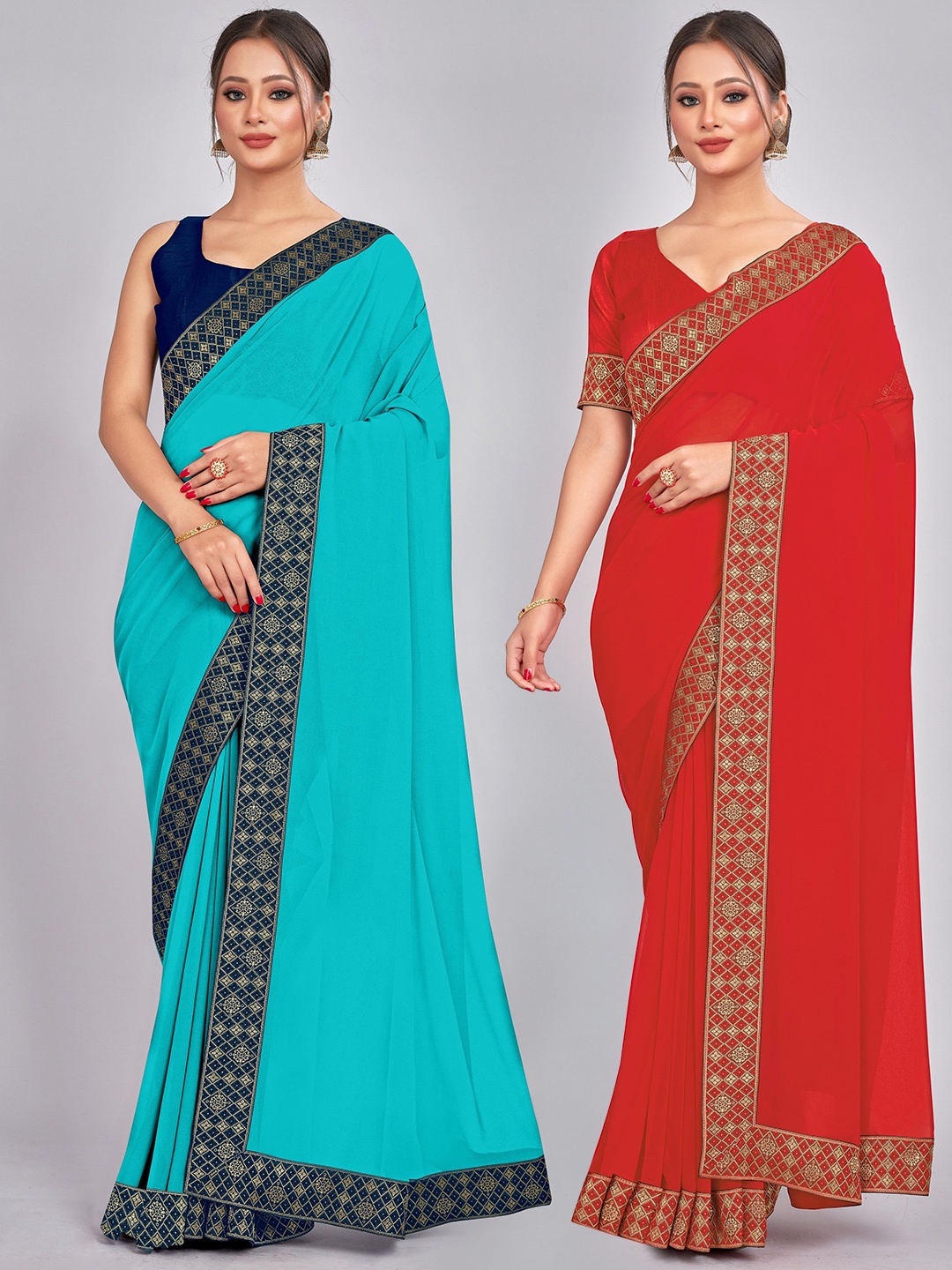 

CastilloFab Saelection Of 2 Ethnic Pure Georgette Sarees, Turquoise blue
