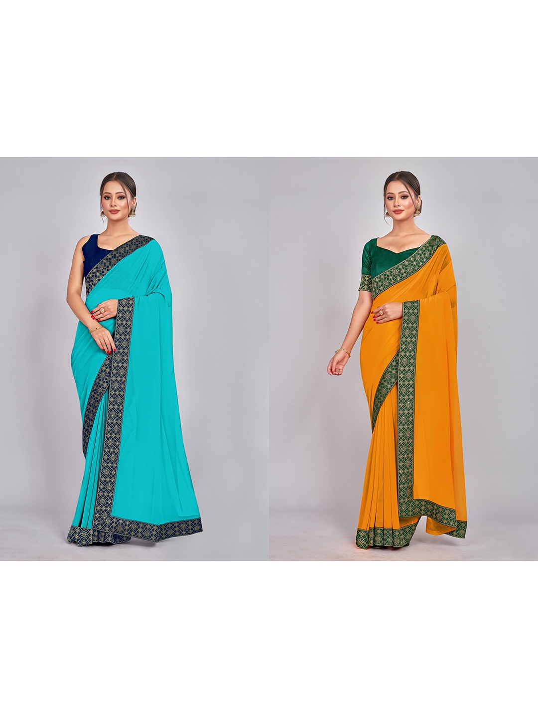 

CastilloFab Selection Of 2 Ethnic Pure Georgette Sarees, Turquoise blue