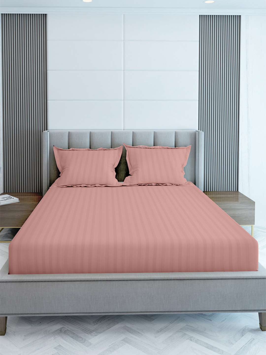 

LABHAM Peach Striped 210 TC Cotton King Flat Bedsheet with 2 Pillow Covers