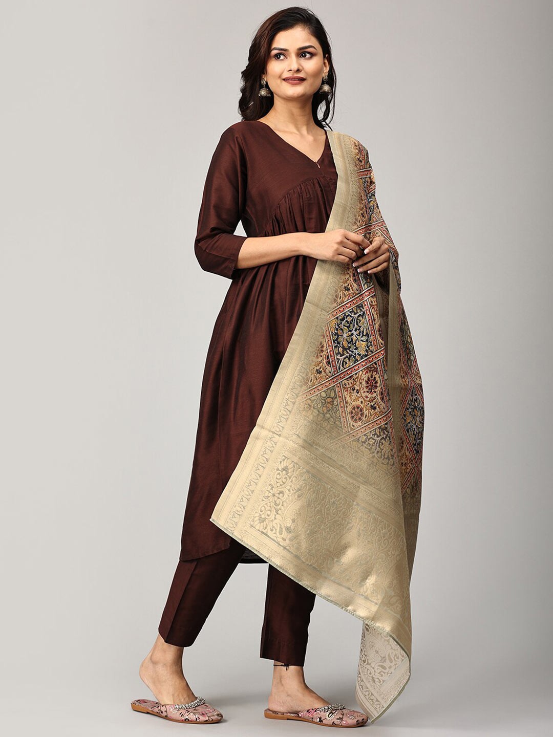

The Mom Store Maternity Empire Kurta With Trouser & Dupatta, Brown