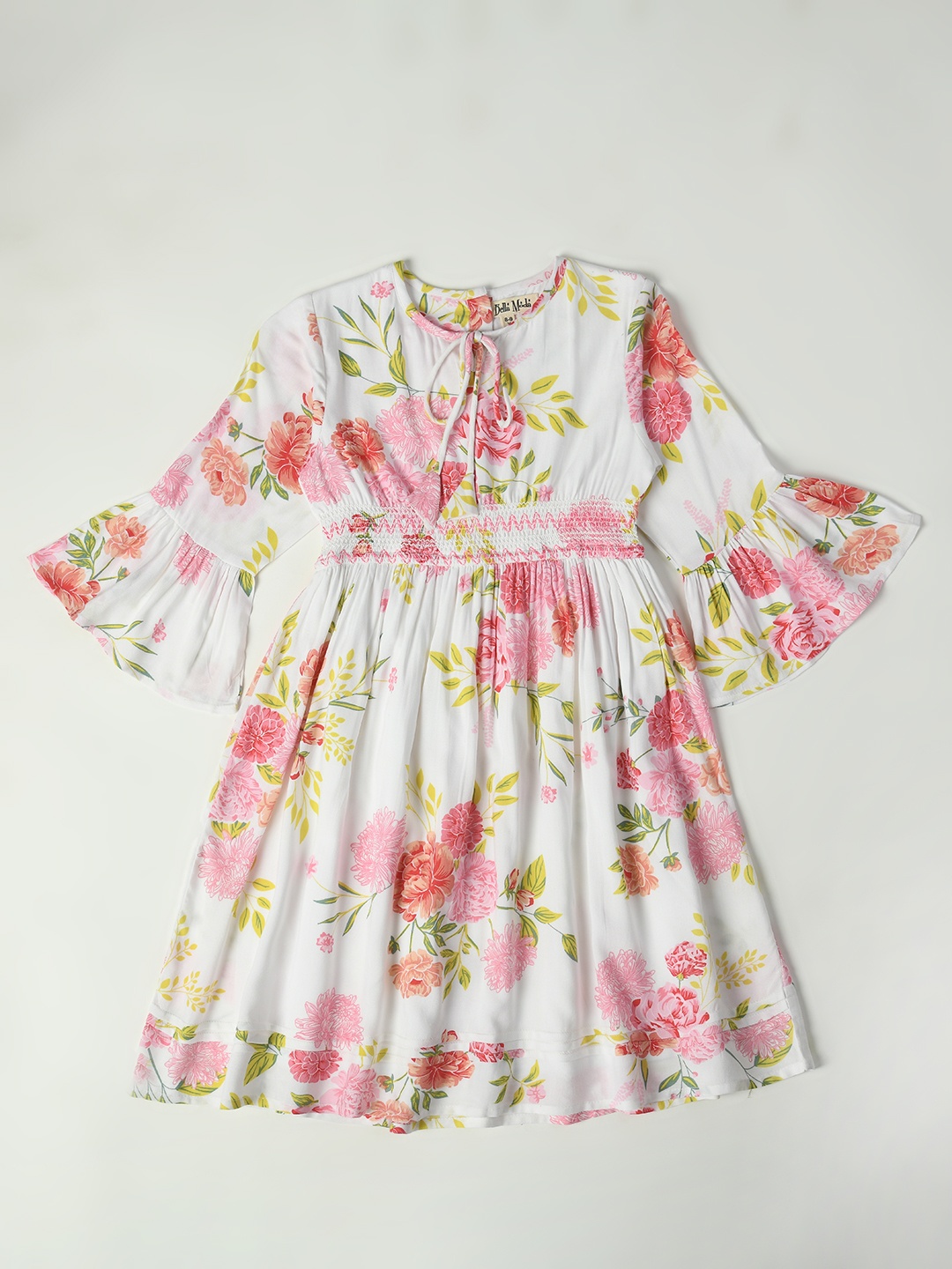 

Bella Moda Girls Floral Printed Cotton Tie-Up Neck Bell Sleeve Fit & Flare Dress, White
