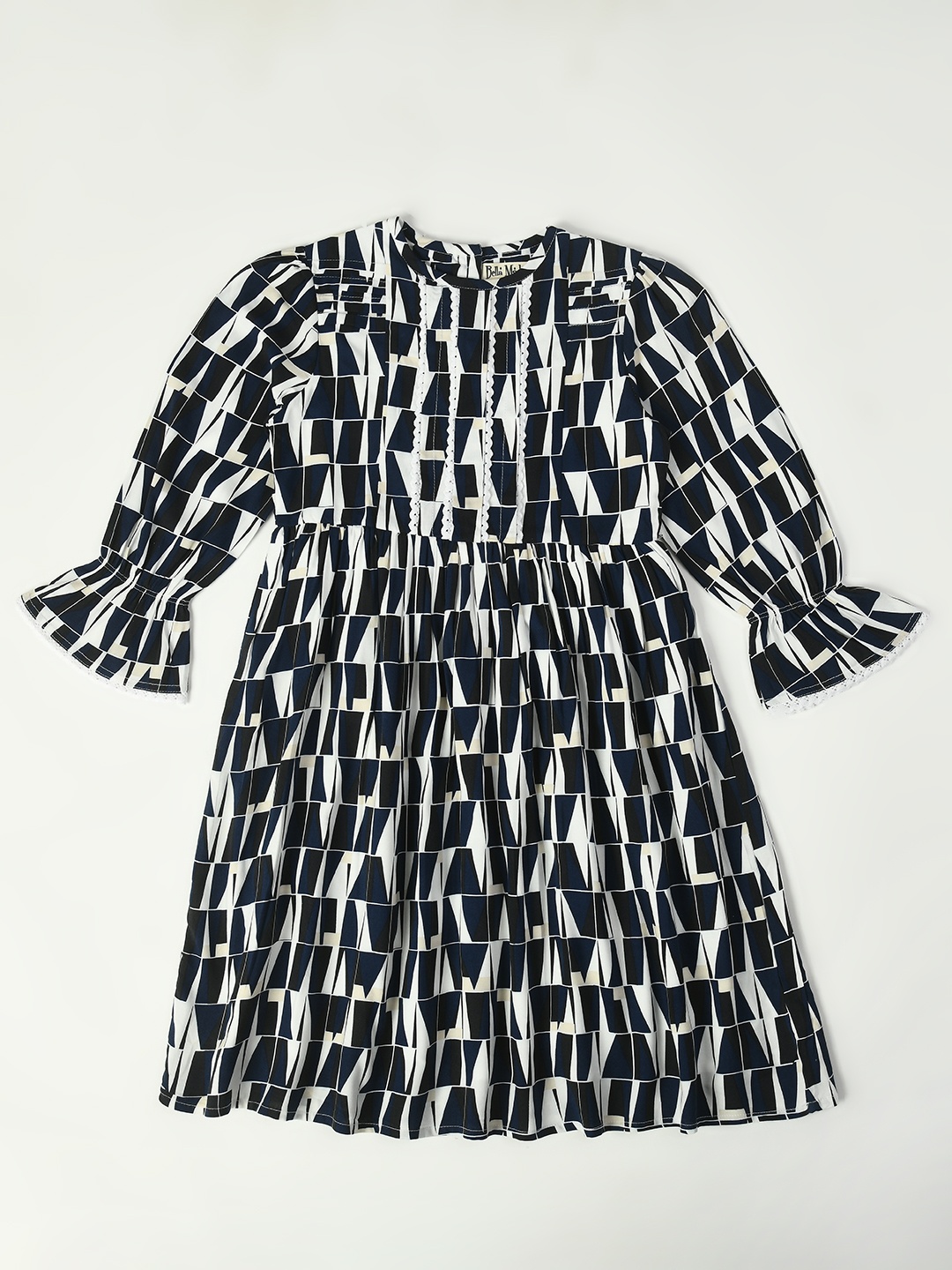 

Bella Moda Printed Round Neck Bell Sleeve Fit & Flare Cotton Dress, Navy blue