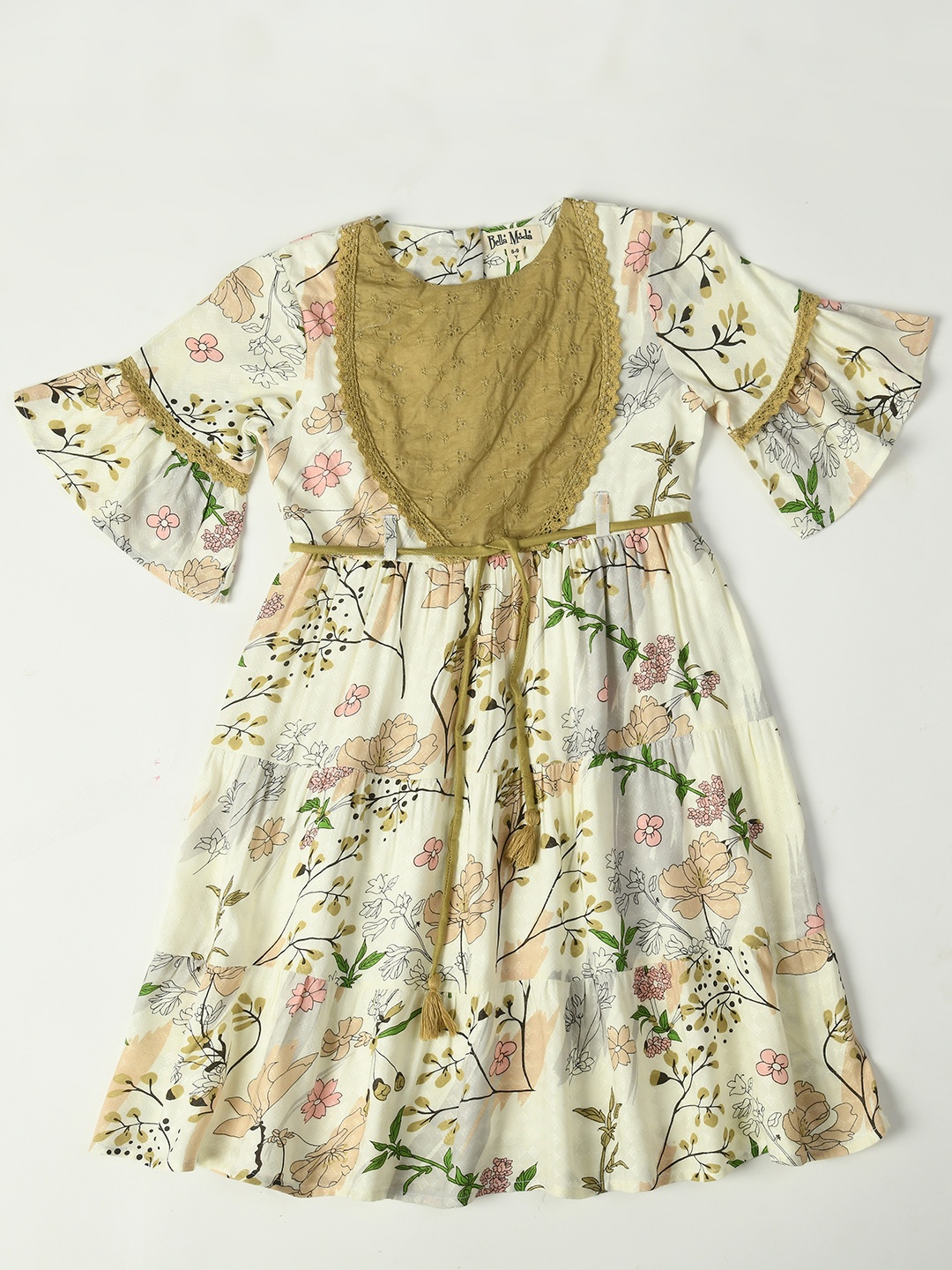 

Bella Moda Girls Cream Floral Printed Bell Sleeve Cotton Dress