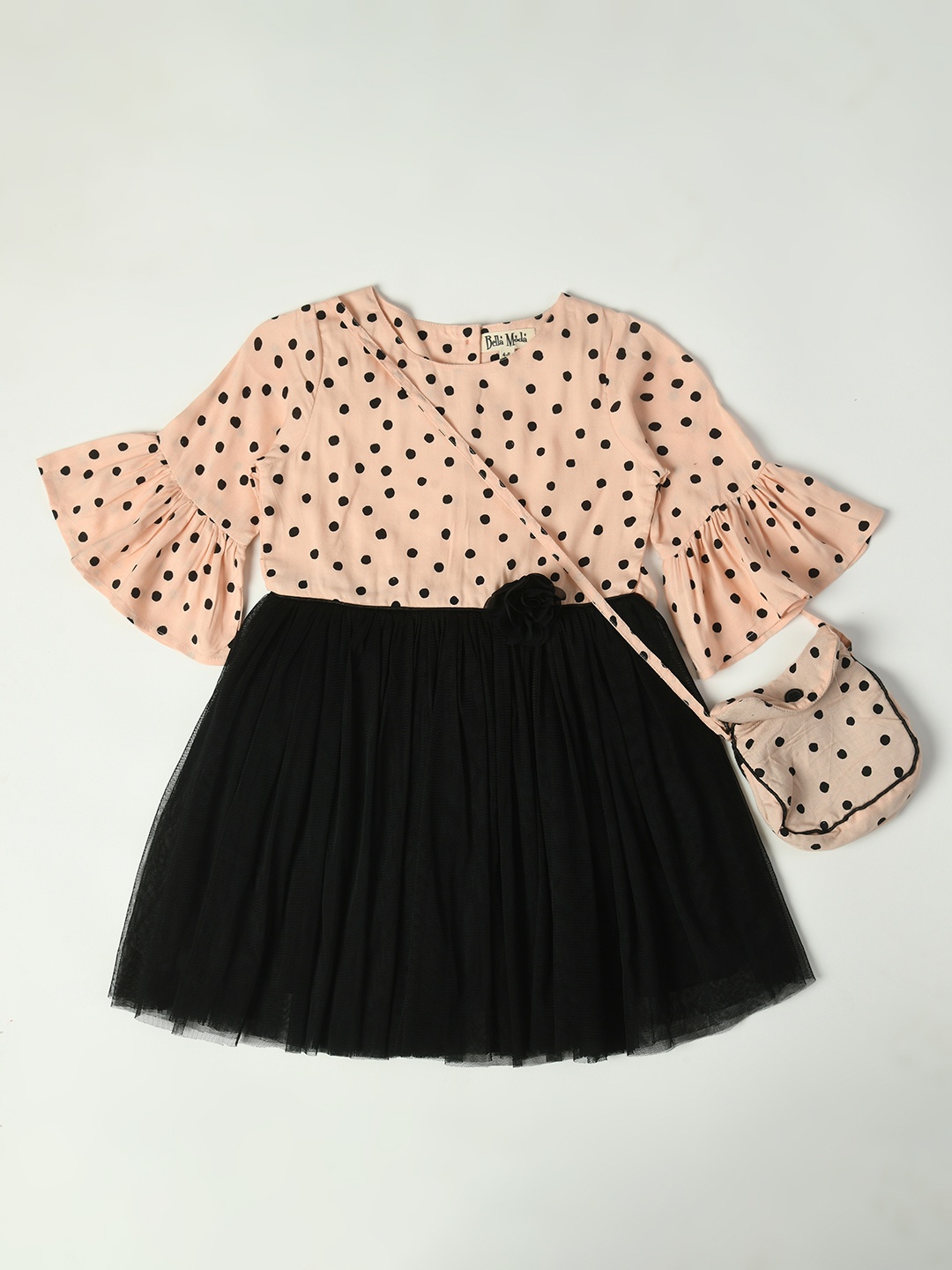 

Bella Moda Girl Polka Dot Printed Bell Sleeve Fit & Flare Cotton Dress, Peach