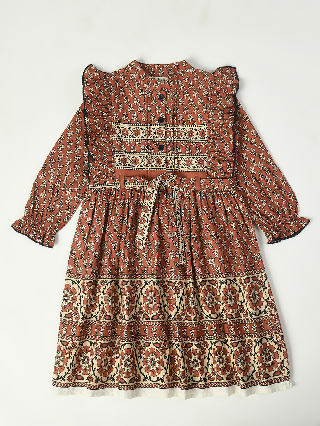 

Bella Moda Girls Ethnic Motifs Printed Puff Sleeve Fit & Flare Pure Cotton Dress, Rust