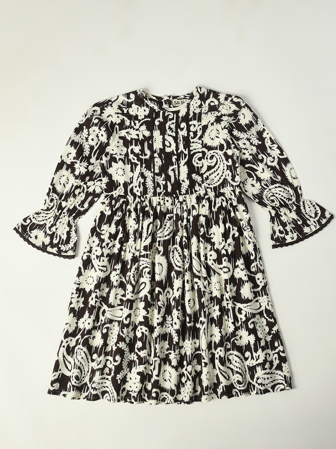 

Bella Moda Girls Ethnic Motifs Bell Sleeve Fit and Flare Casual Dress, Brown