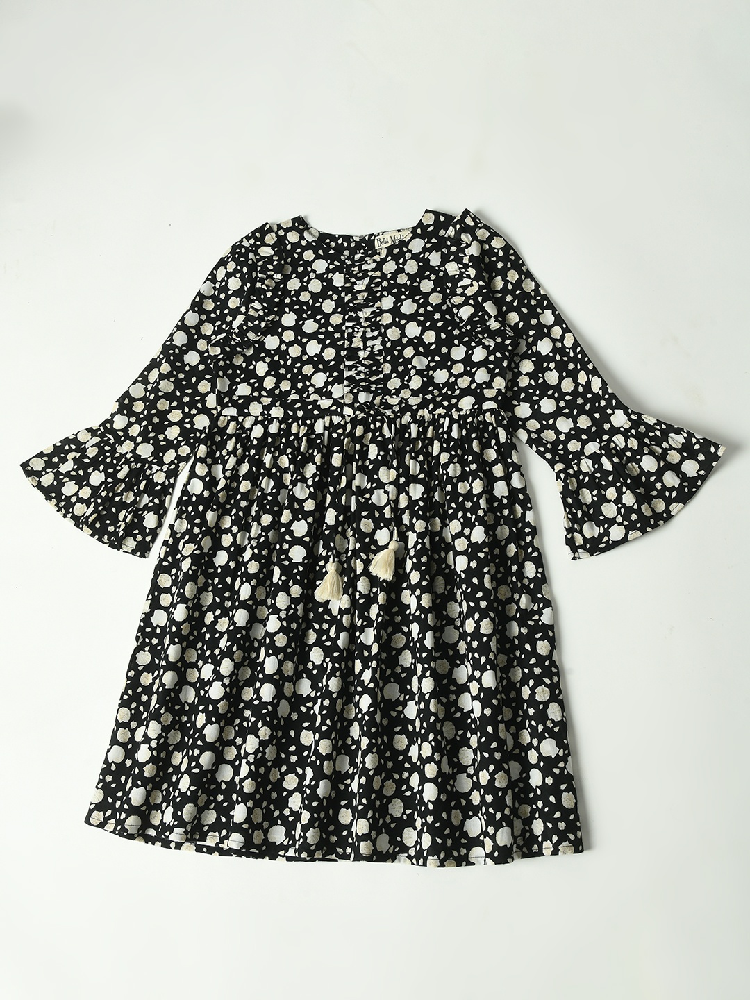 

Bella Moda Floral Printed Round Neck Bell Sleeve Empire Cotton Dress, Black