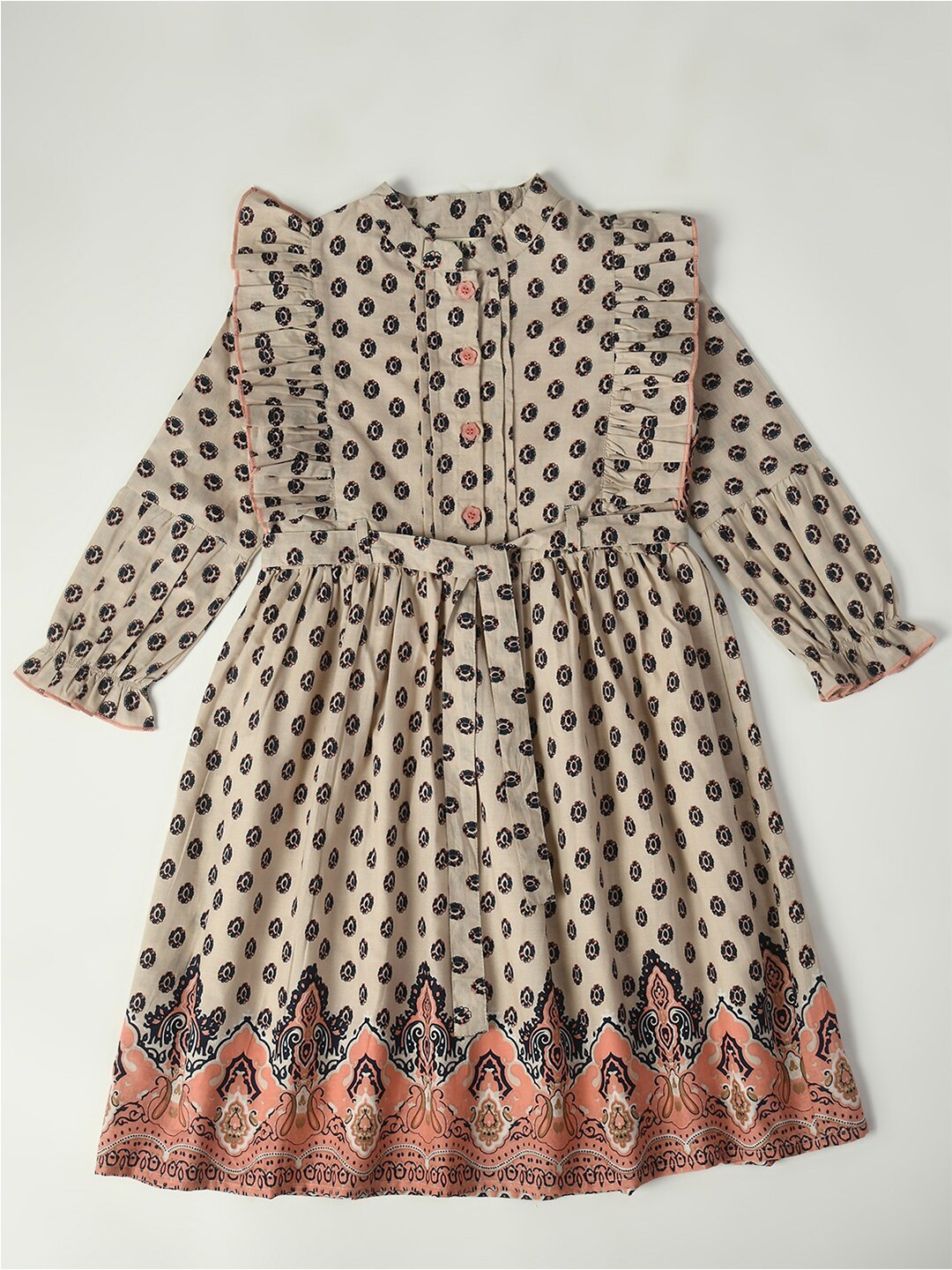 

Bella Moda Girls Ethnic Motifs Printed Fit & Flare Casual Dress, Brown