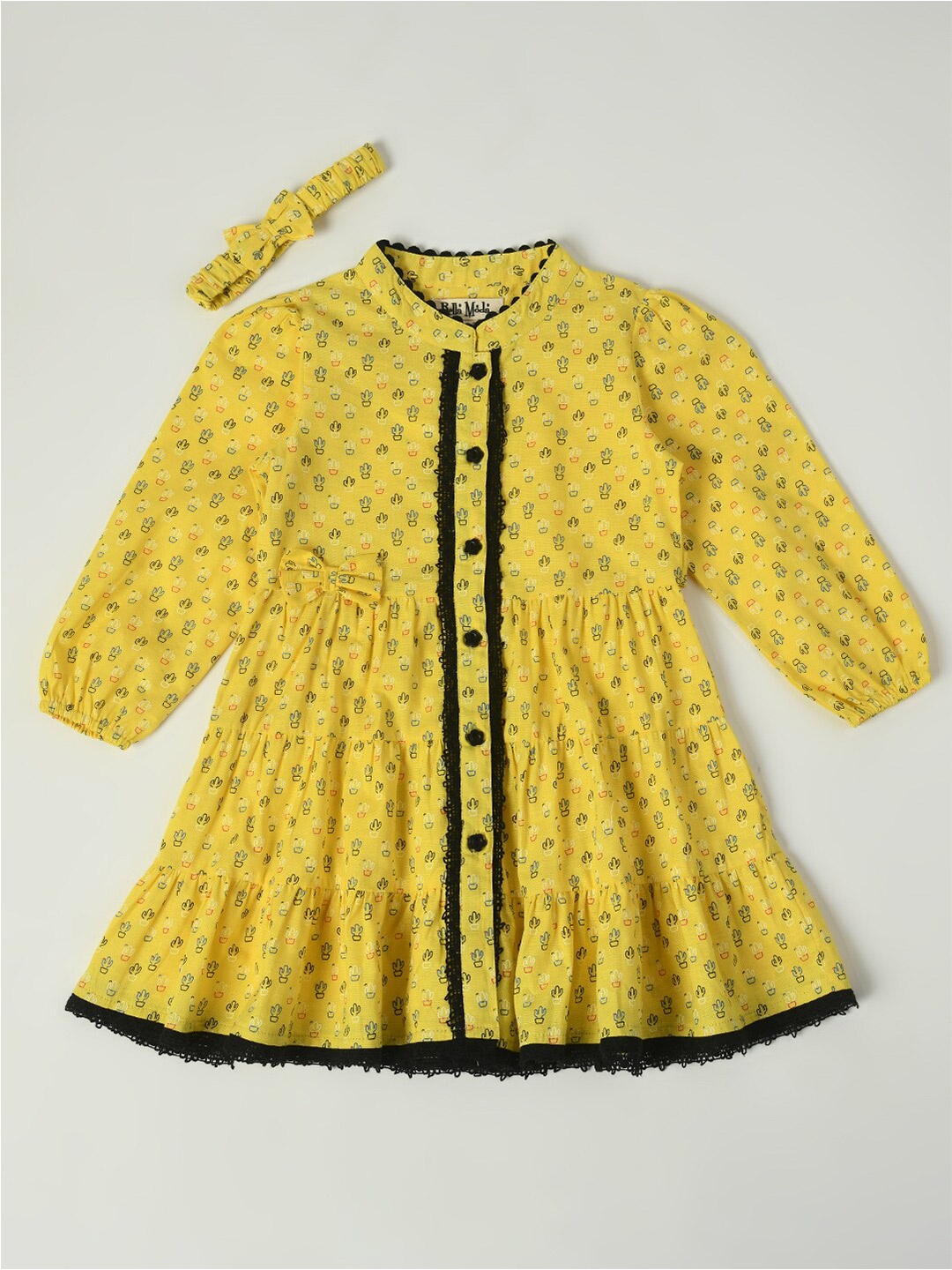 

Bella Moda Girls Floral Print Cotton Cuffed Sleeves A-Line Dress, Yellow