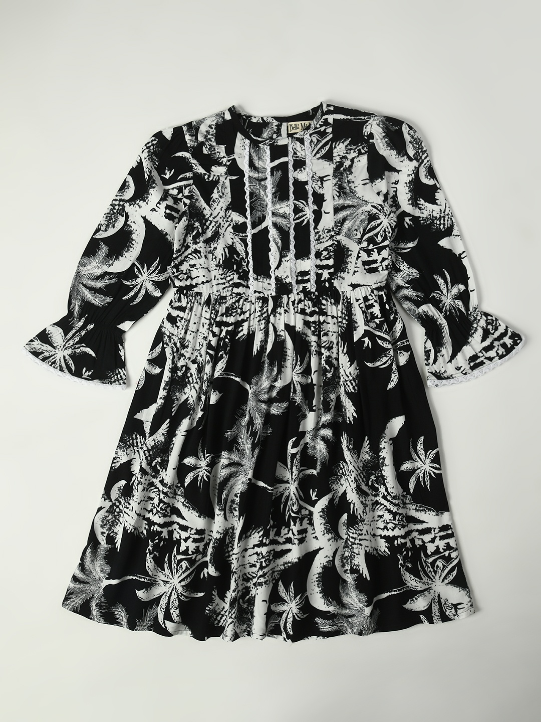

Bella Moda Animal Printed Round Neck Bell Sleeve Fit & Flare Cotton Dress, Black