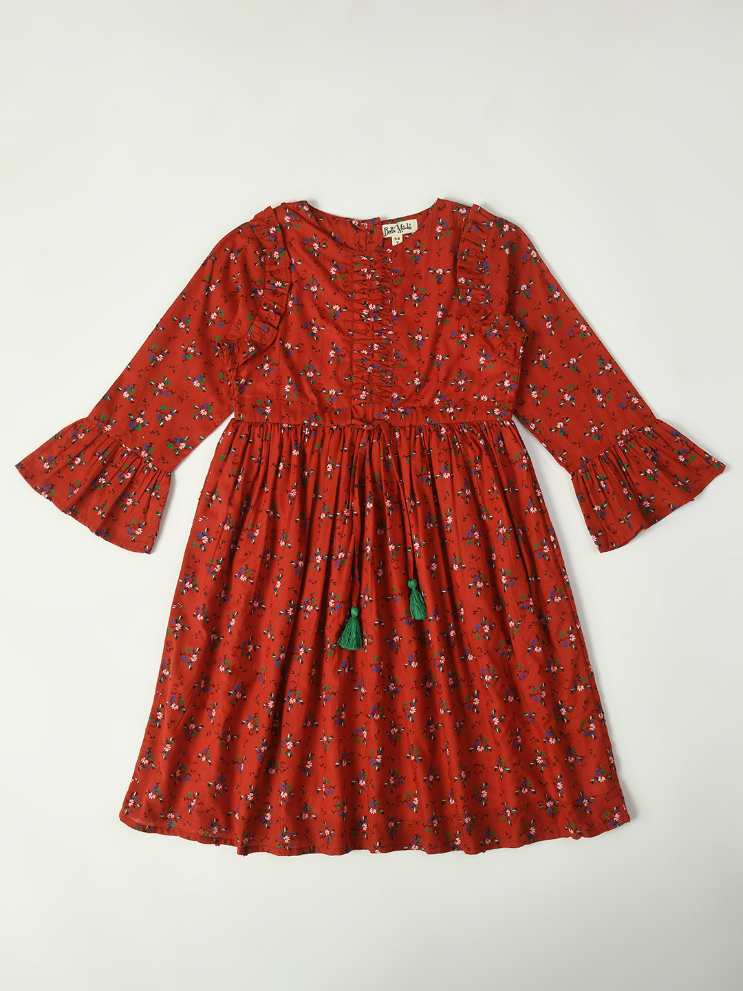 

Bella Moda Floral Printed Round Neck Bell Sleeve Fit & Flare Cotton Dress, Maroon