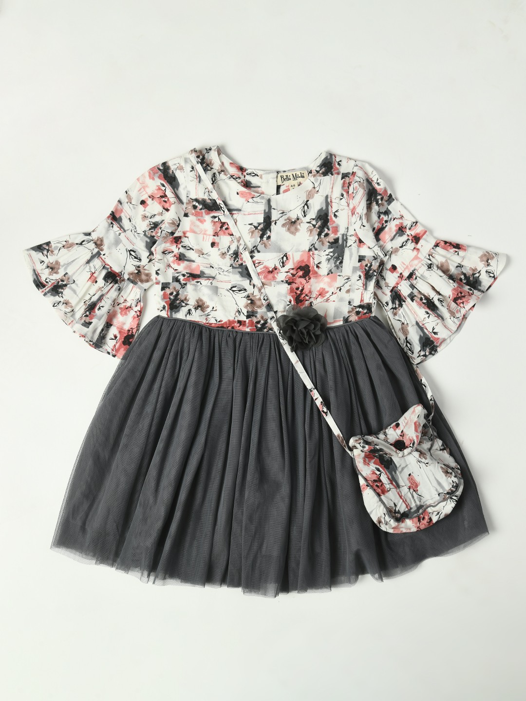 

Bella Moda Girls Grey Floral Print Bell Sleeve Fit & Flare Pure Cotton Dress