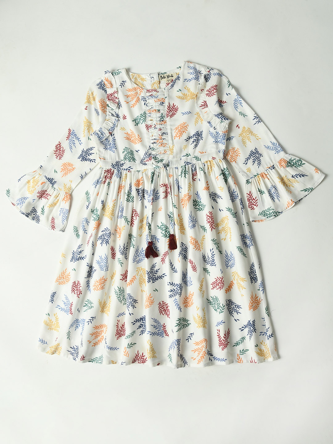 

Bella Moda Printed Round Neck Bell Sleeve Fit & Flare Cotton Dress, White