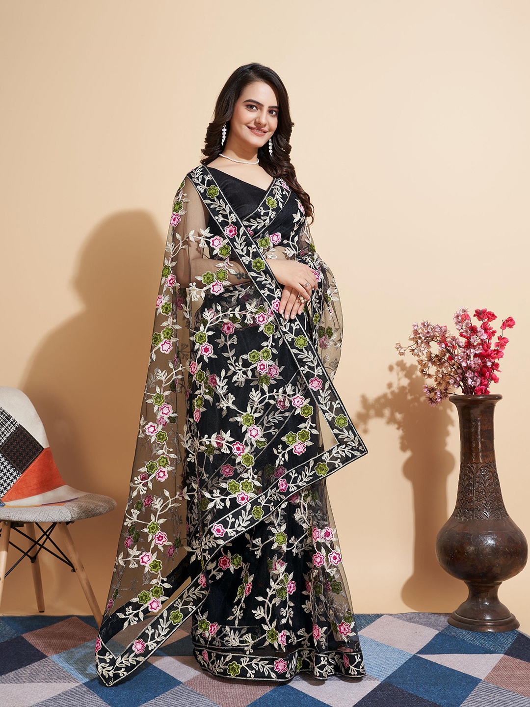 

HERE&NOW Black & Pink Floral Embroidered Net Saree