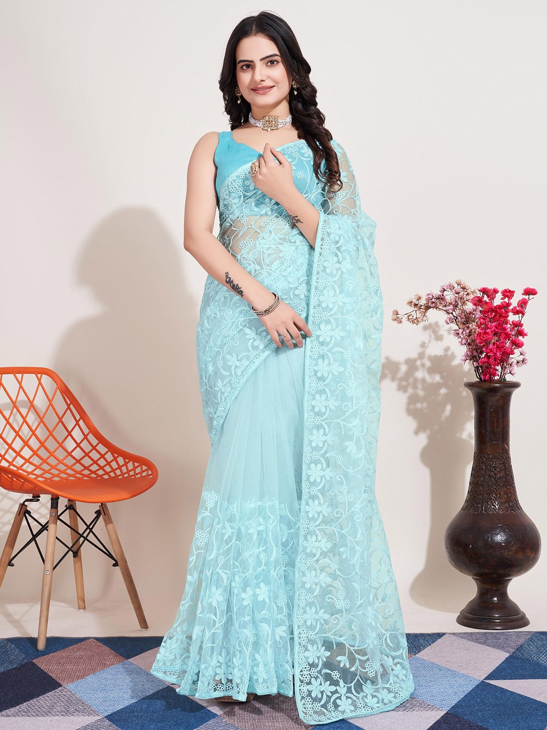 

HERE&NOW Blue Floral Embroidered Net Saree