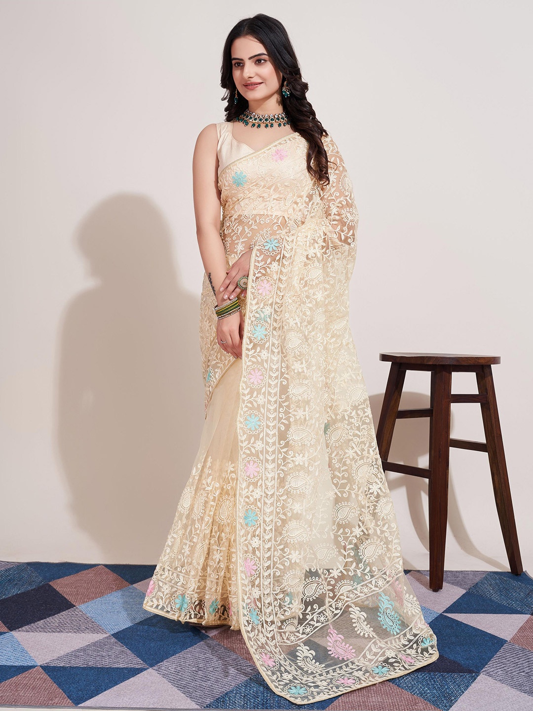 

HERE&NOW Cream & Blue Floral Embroidered Net Saree