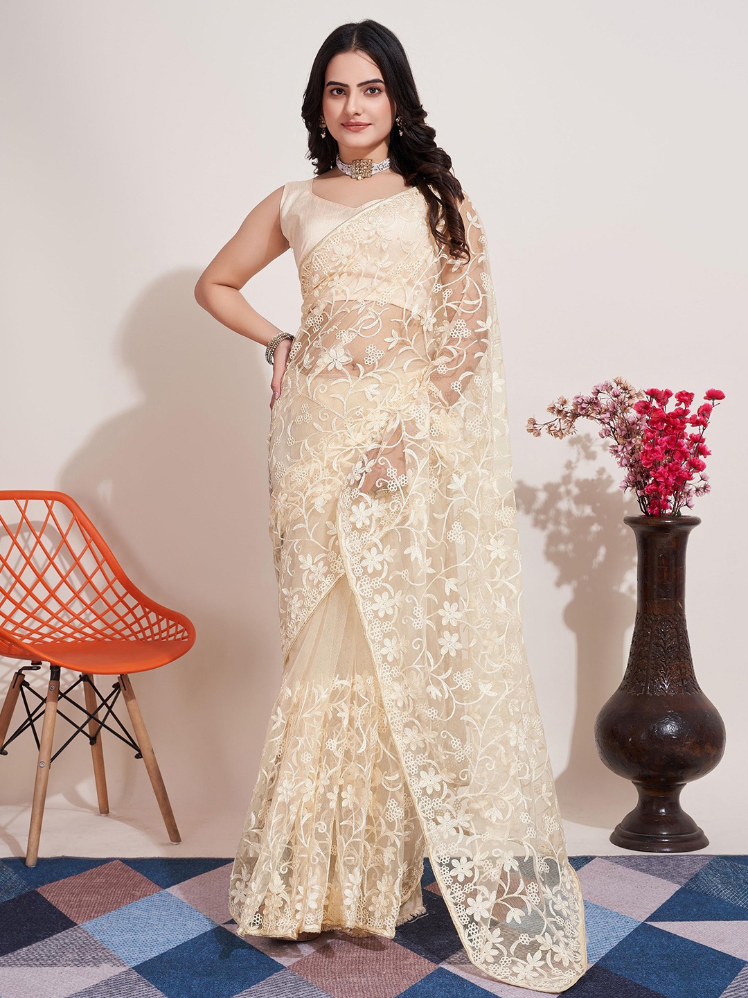 

HERE&NOW Floral Embroidered Net Saree, Cream