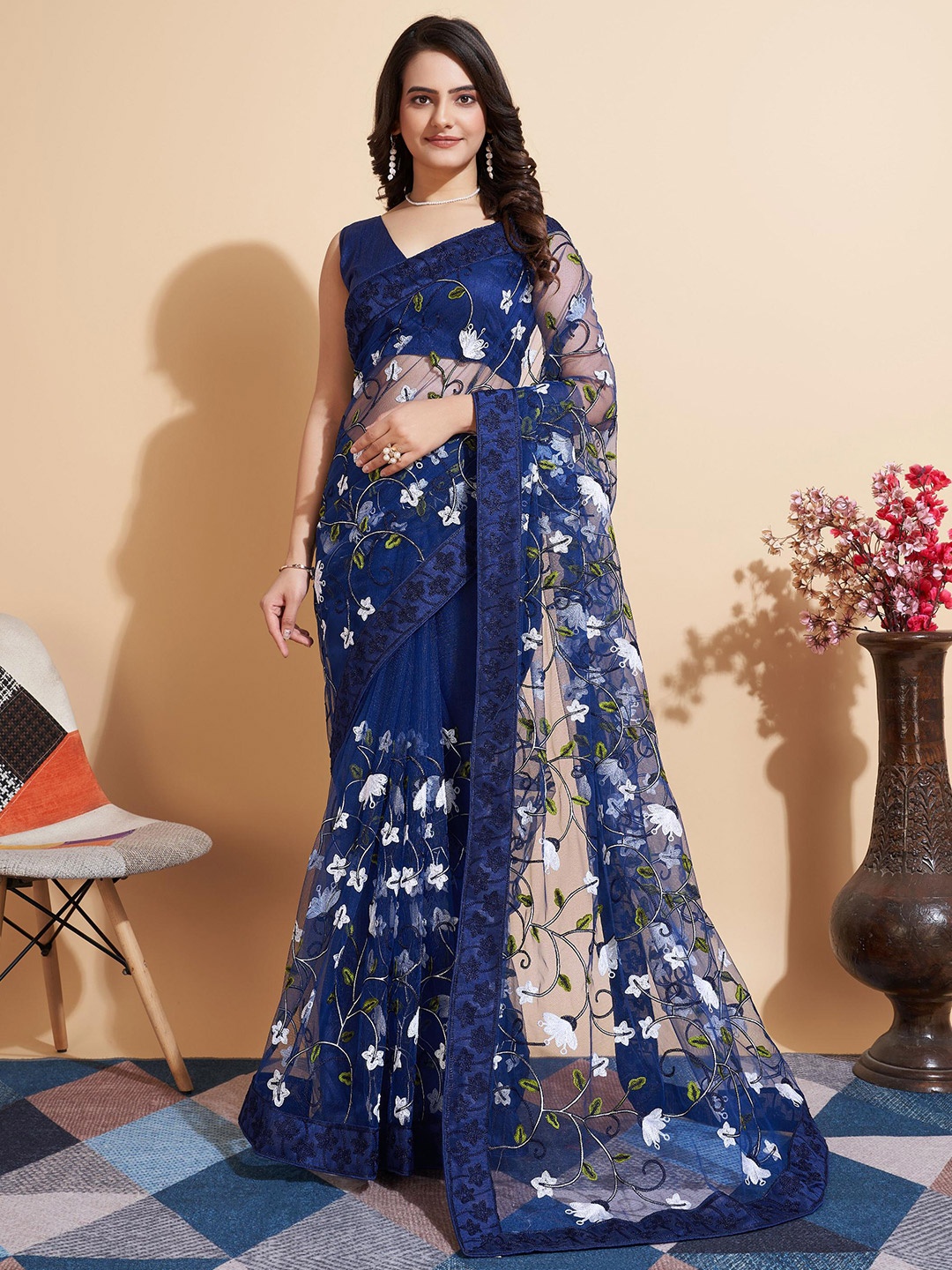 

HERE&NOW Teal & White Floral Embroidered Net Saree