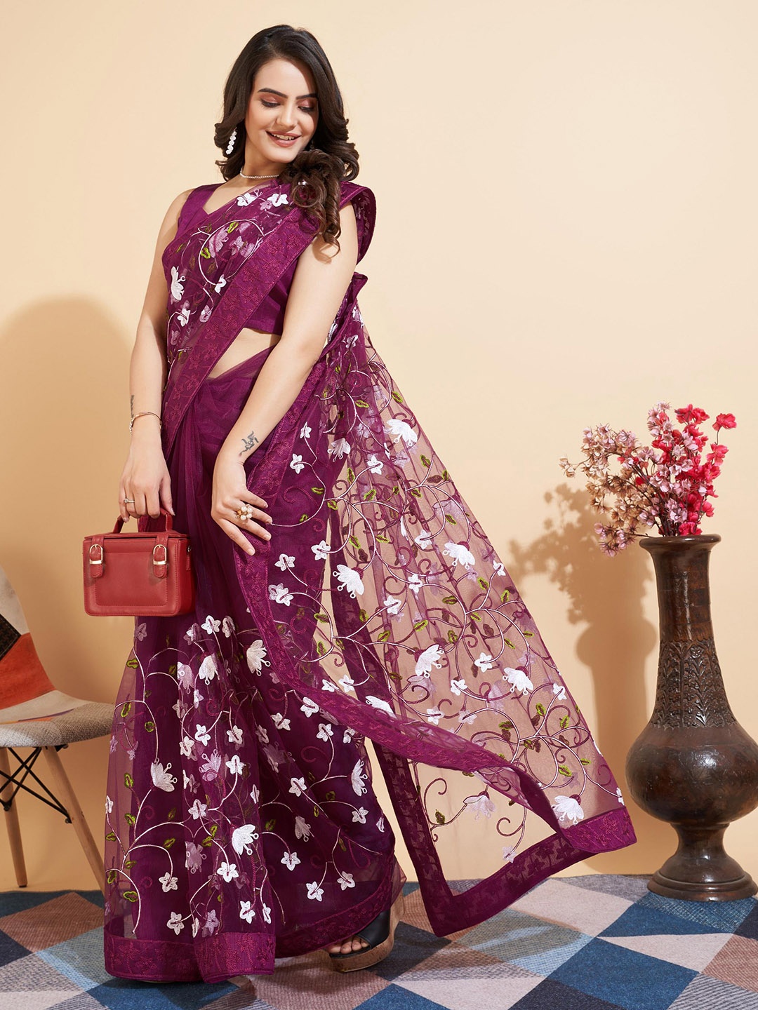 

HERE&NOW Floral Embroidered Net Saree, Purple