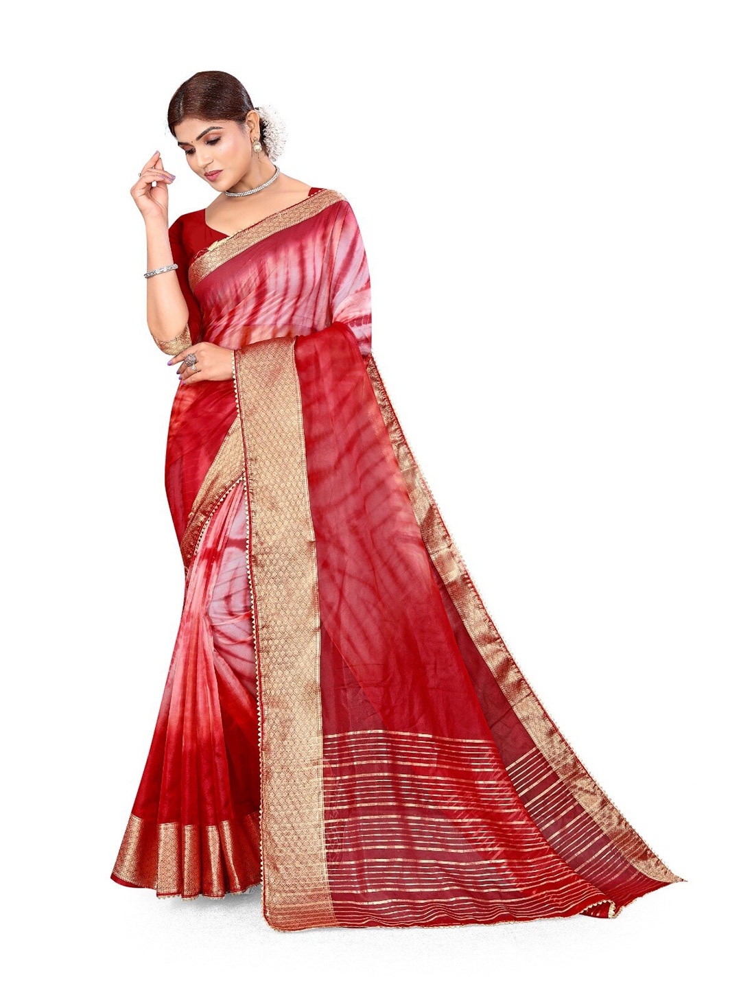 

Pemal DesignerTie and Dye Zari Organza Saree, Red