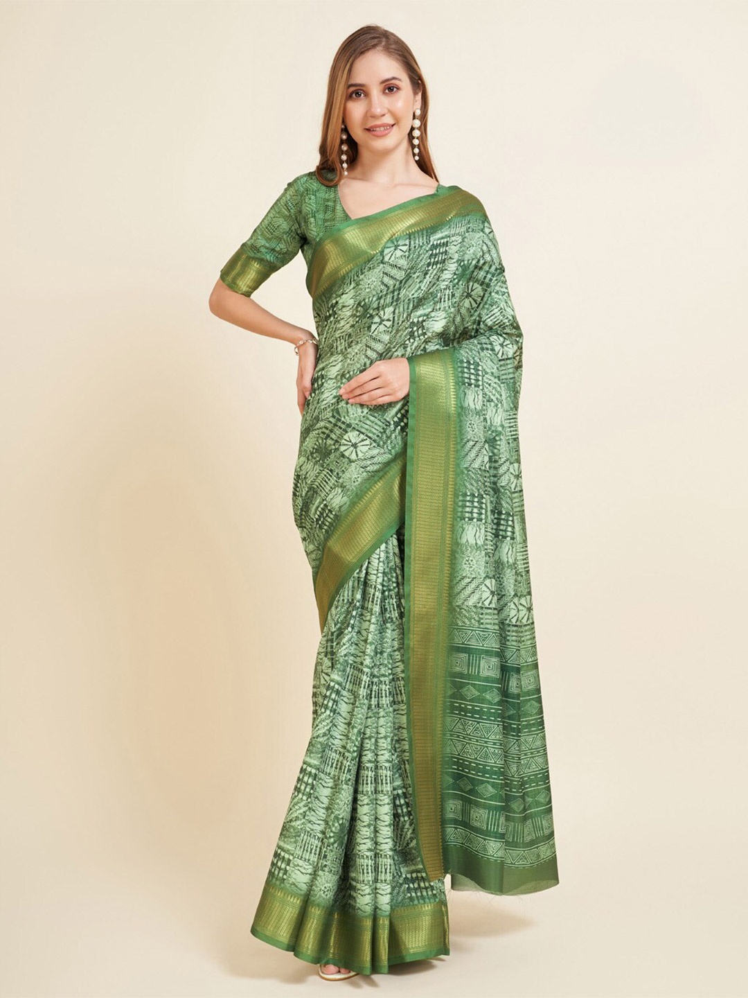 

Mitera Floral Zari Block Print Saree, Green