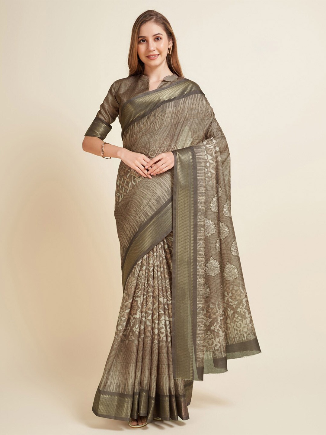 

Mitera Ethnic Motifs Zari Block Print Saree, Brown