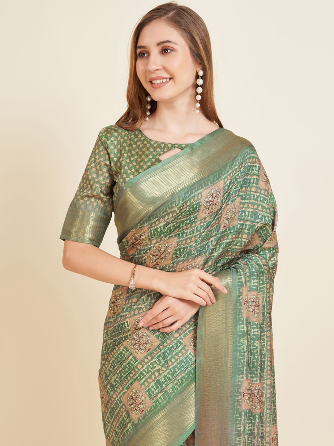 Mitera Fluorescent Green & GoldToned Floral Zari Silk Block Print Saree
