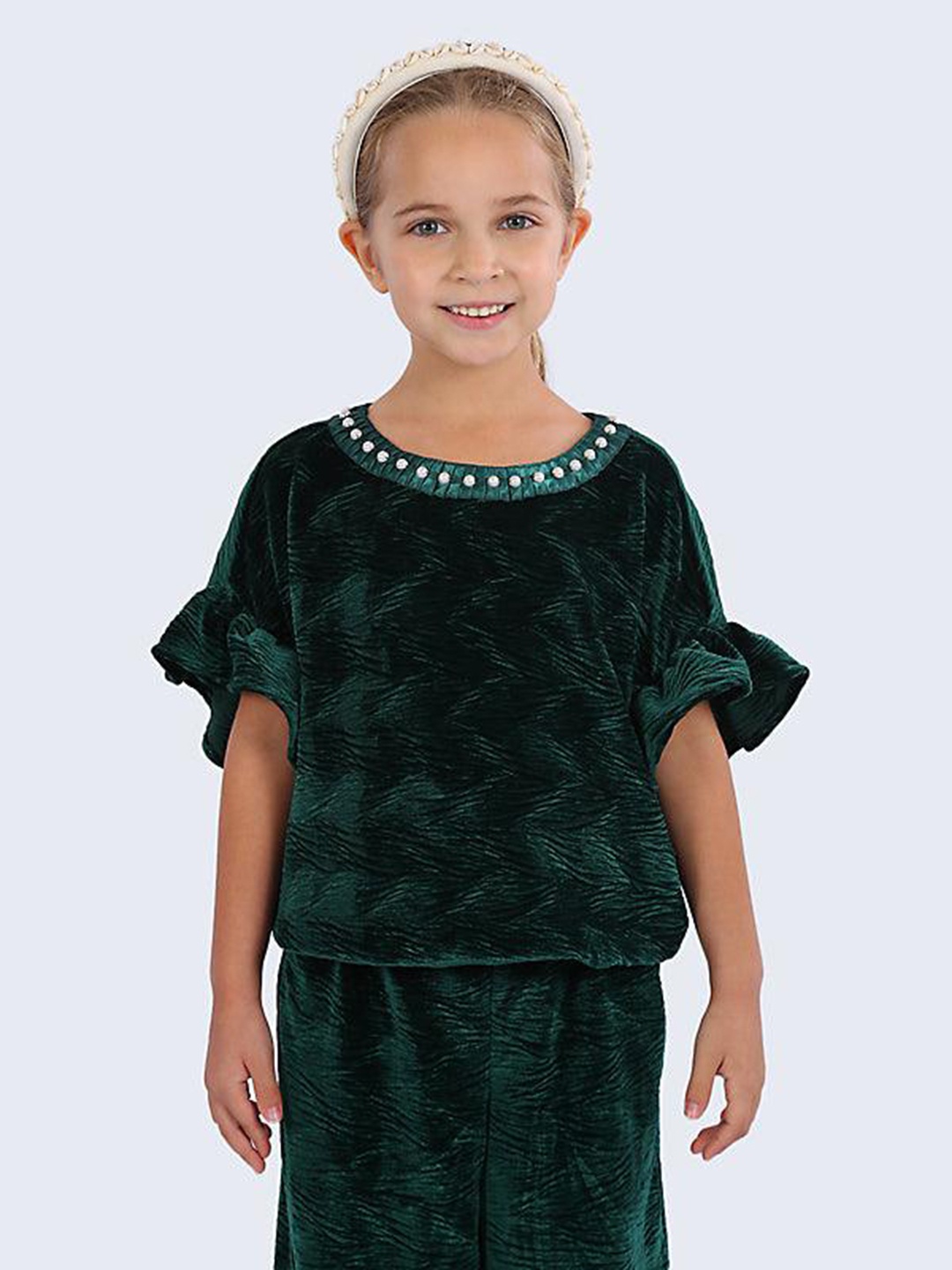 

One Friday Batwing Round Neck Short Sleeves Blouson Casual Top, Green