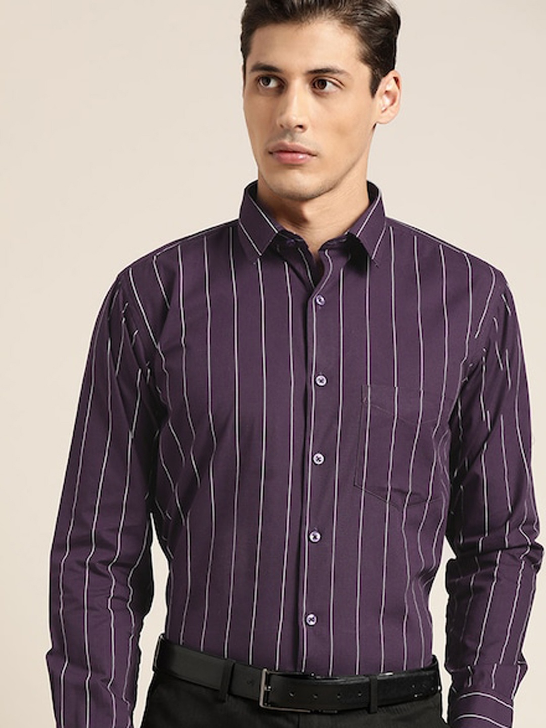 

Hancock Comfort Plus Size Vertical Stripes Spread Collar Long Sleeves Cotton Formal Shirt, Purple