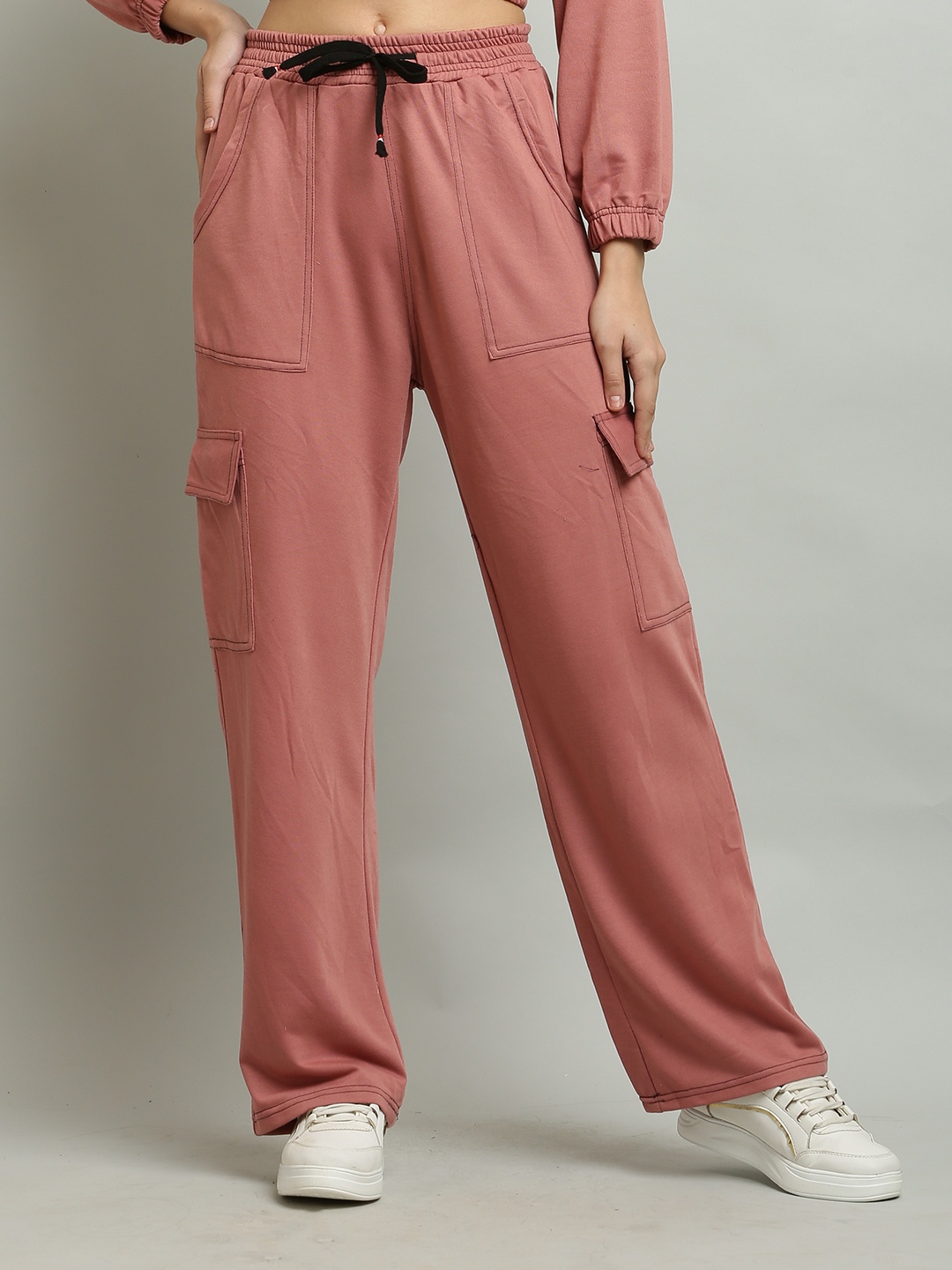 

BAESD Women High-Rise Pocket Detailing Cotton Cargos Regular Fit Trousers, Pink