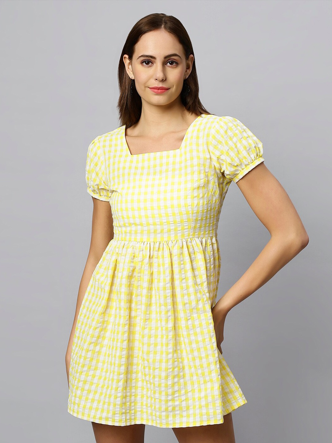 

DressBerry Yellow Checked Cotton Square Neck Puff Sleeve Fit & Flare Mini Dress