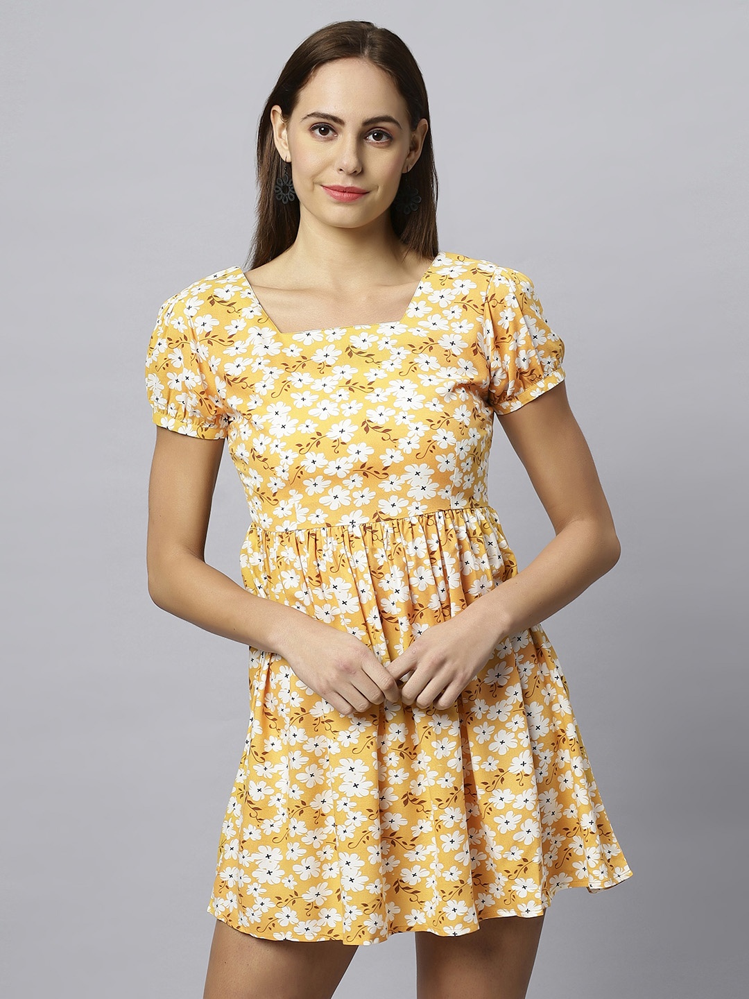 

DressBerry Mustard Yellow Floral Print Puff Sleeve Fit & Flare Mini Dress